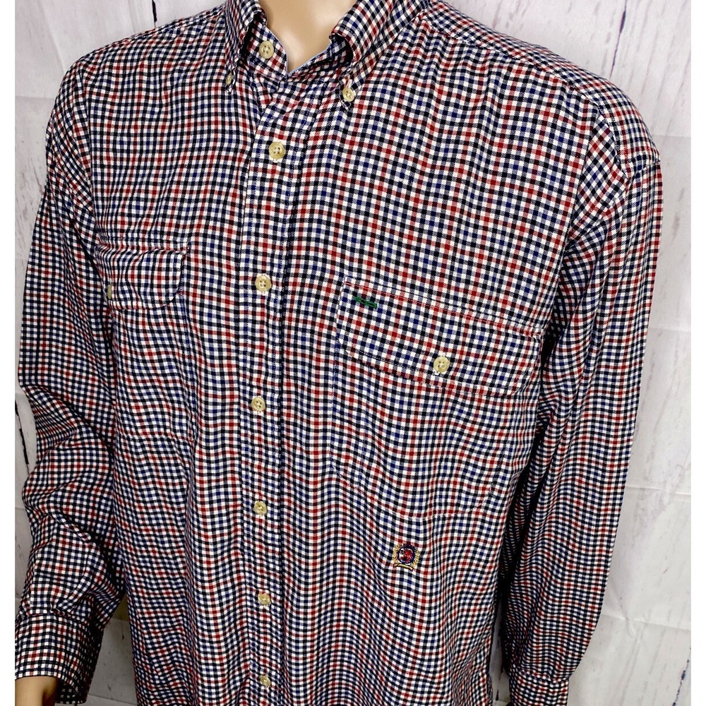 Tommy Hilfiger Plaid Flannel Button Down Shirt Mens L Crest Logo 90s Vintage‎